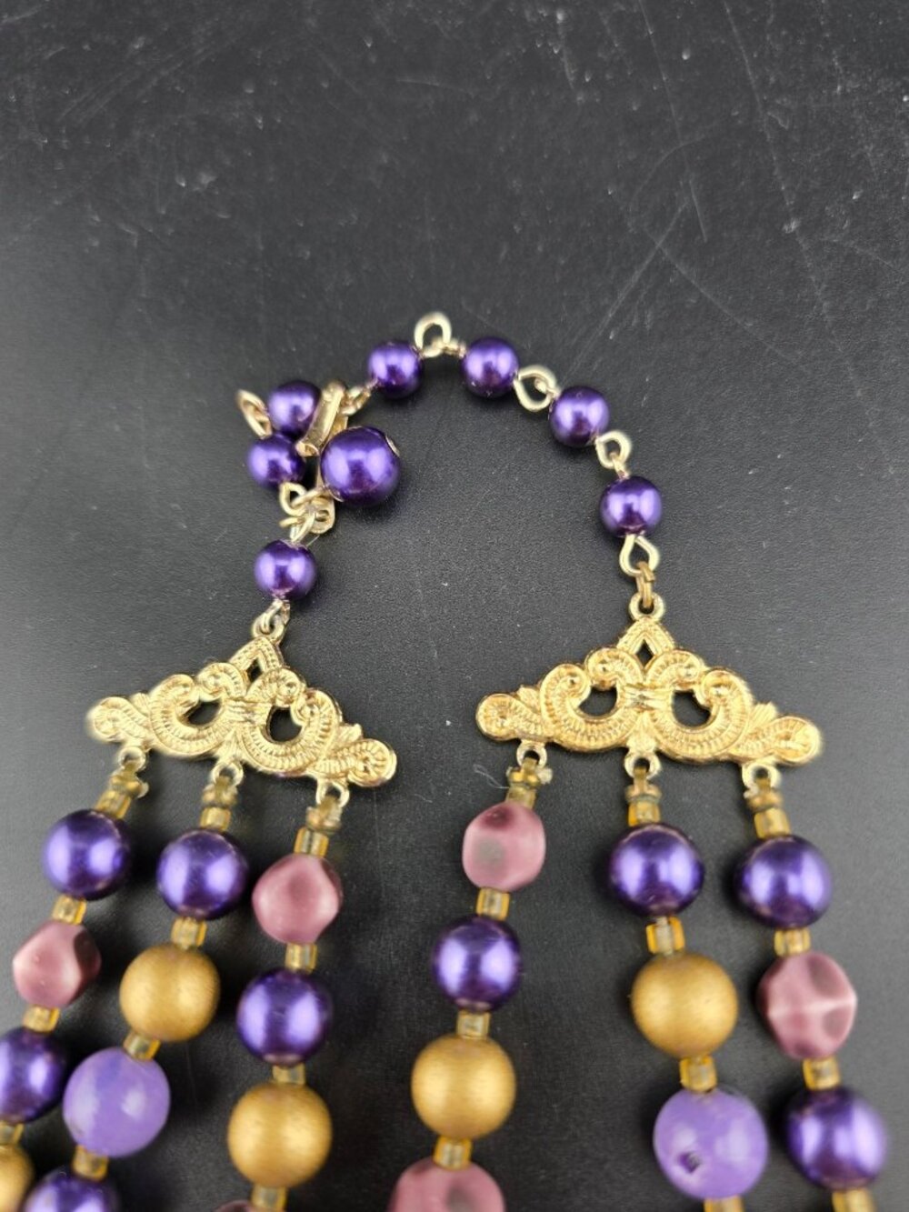 Vintage Multi Strand Purple Gold Plum Beaded Necklace Japan - Picture 8 of 10